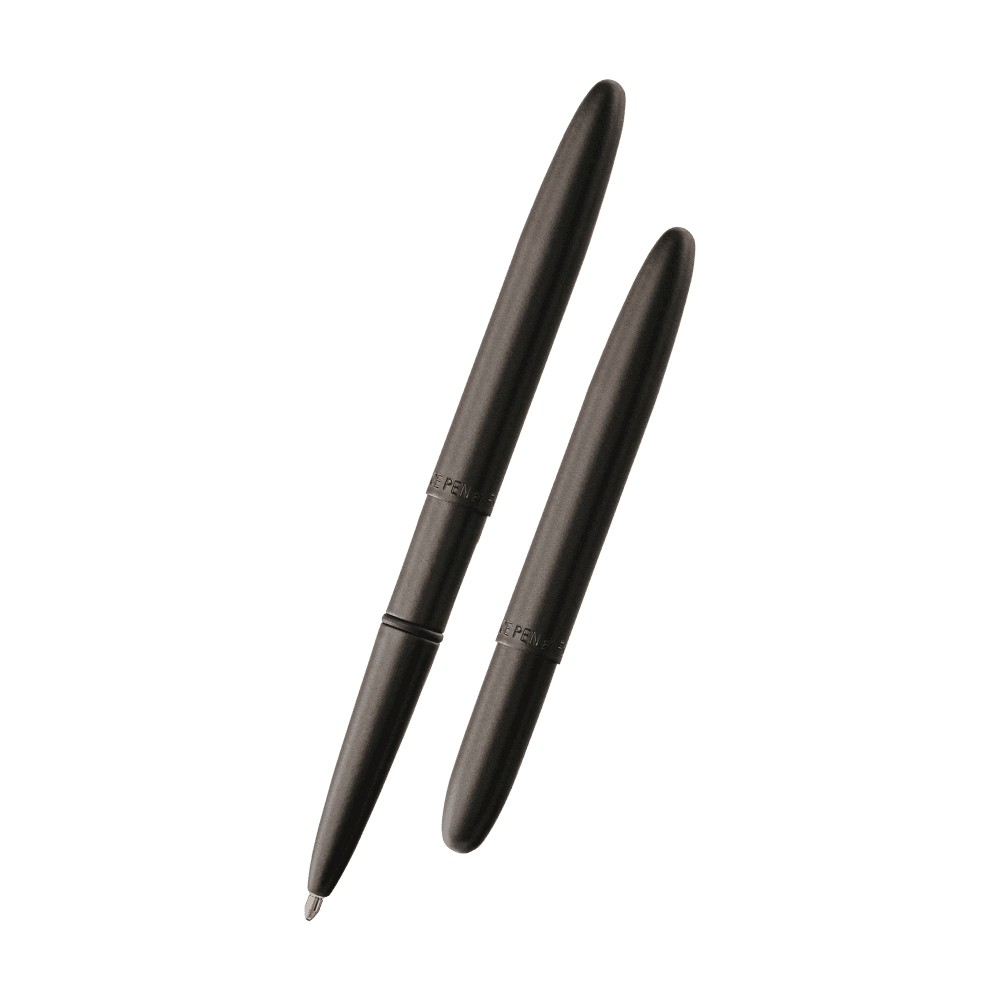 Left: open 400B matte black bullet space pen with cap on end of pen
Right: closed 400B matte black bullet space pen