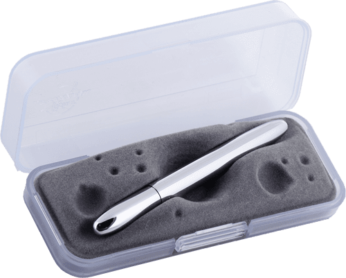 Closed 400 chrome bullet space pen in gift box. The gift box is opaque plastic with an insert textured like the moon.