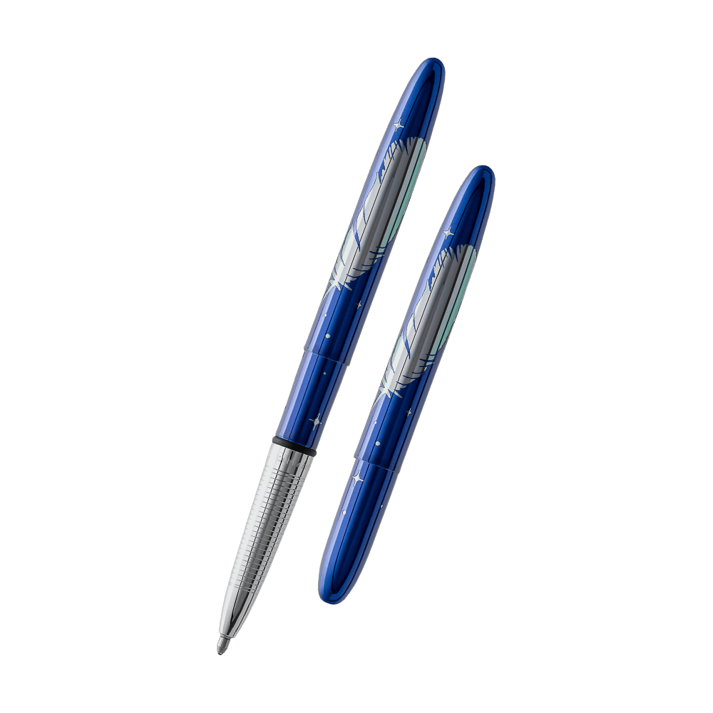 Left: open 400BB/FS-BO blue bullet space pen engraved with the Blue Origin feather and stars design with cap on end of pen
Right: closed 400BB/FS-BO blue bullet space pen engraved with the Blue Origin feather and stars design.