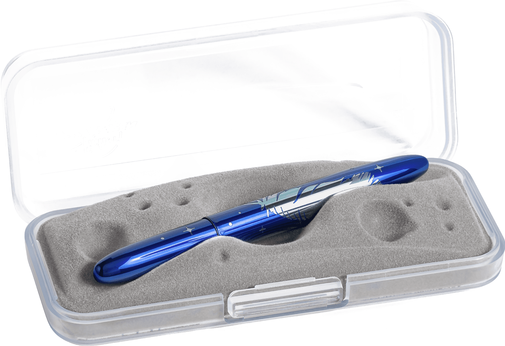 Closed 400BB/FS-BO blue bullet space pen in gift box. The gift box is opaque plastic with an insert textured like the moon.