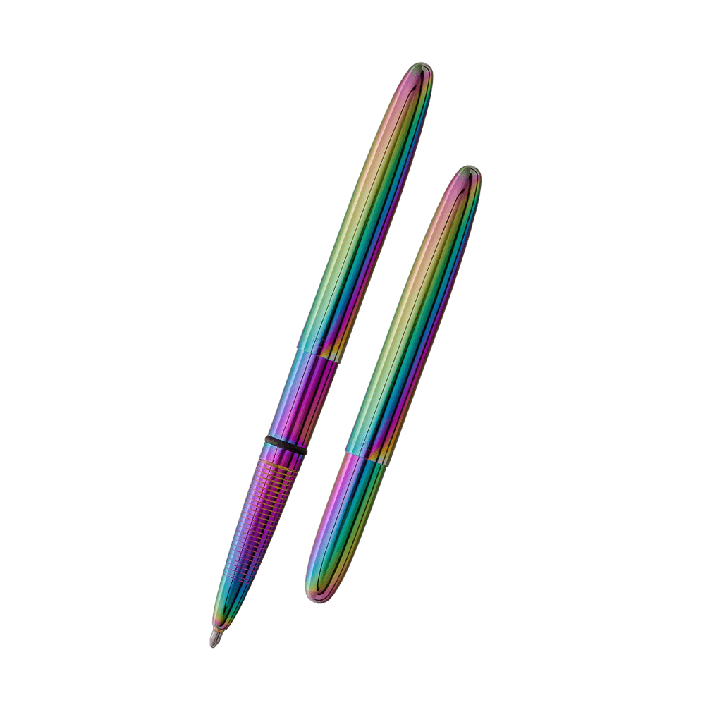Left: open 400RB rainbow titanium nitride bullet space pen with cap on end of pen
Right: closed 400RB rainbow titanium nitride bullet space pen
