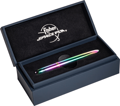 Closed 400RB rainbow titanium nitride bullet space pen in gift box. The gift box is dark blue with a black insert imprinted with the Fisher Space Pen logo in white.
