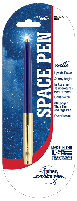 Cap-o-matic space pen with blue plastic barrel, gold colored cap with clip, and gold colored tip in packaging with a white and blue background with a galaxy print, a red stripe, and the Fisher Space Pen logo in the bottom right.