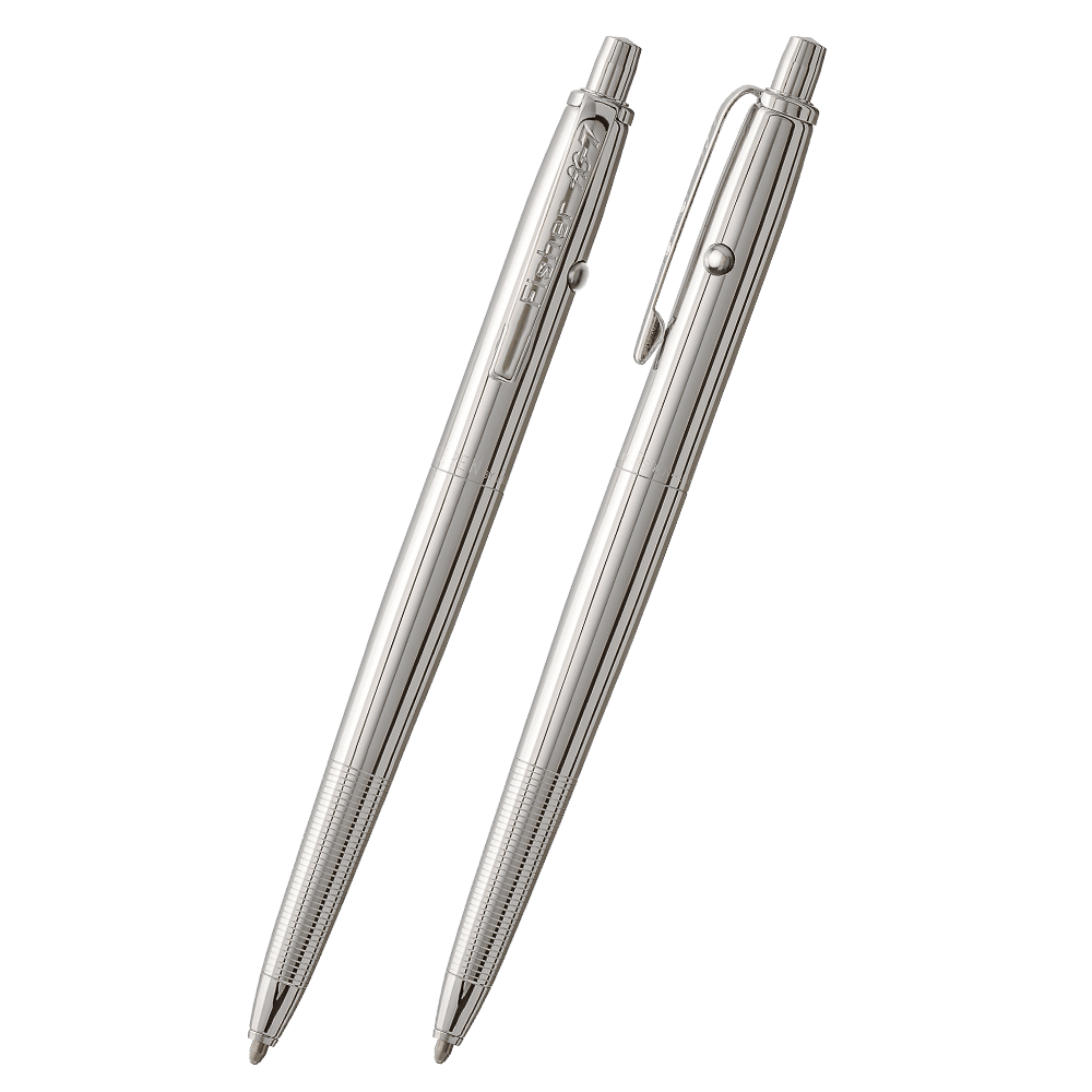 Front and side views of the AG7 Original Astronaut Space Pen in chrome. The clip is stamped Fisher AG-7. The button to extract the refill is on the end of the pen, the retract button is on the side of the pen near the clip. The finger grip area is knurled